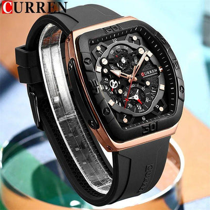 CURREN CHRONOGRAPH GENTS WATCH #8443 RUBBER STRAP CHRONOGRAPH MOVEMENT DATE DISPLAY BATTERY POWERED CURREN BRANDED BOX