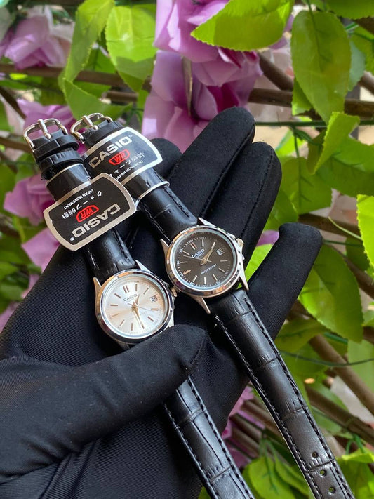 CASIO DATE DISPLAY LEATHER X METTALLIC WATER RESISTANT DATE DISPLAY A PIECE/3000 A PAIR CASIO BOXES @