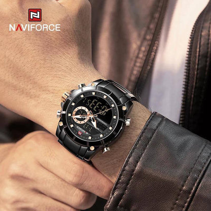 NAVIFORCE GENTS WATCH #NF 9163 ANALOGUE & DIGITAL DISPLAY LIGHT BUTTON WATER RESISTANT BATTERY POWERED SILVER BLACK