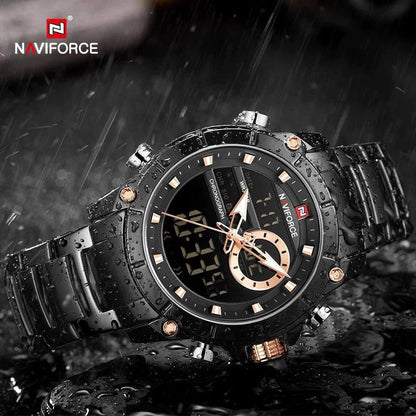 NAVIFORCE GENTS WATCH #NF 9163 ANALOGUE & DIGITAL DISPLAY LIGHT BUTTON WATER RESISTANT BATTERY POWERED SILVER BLACK