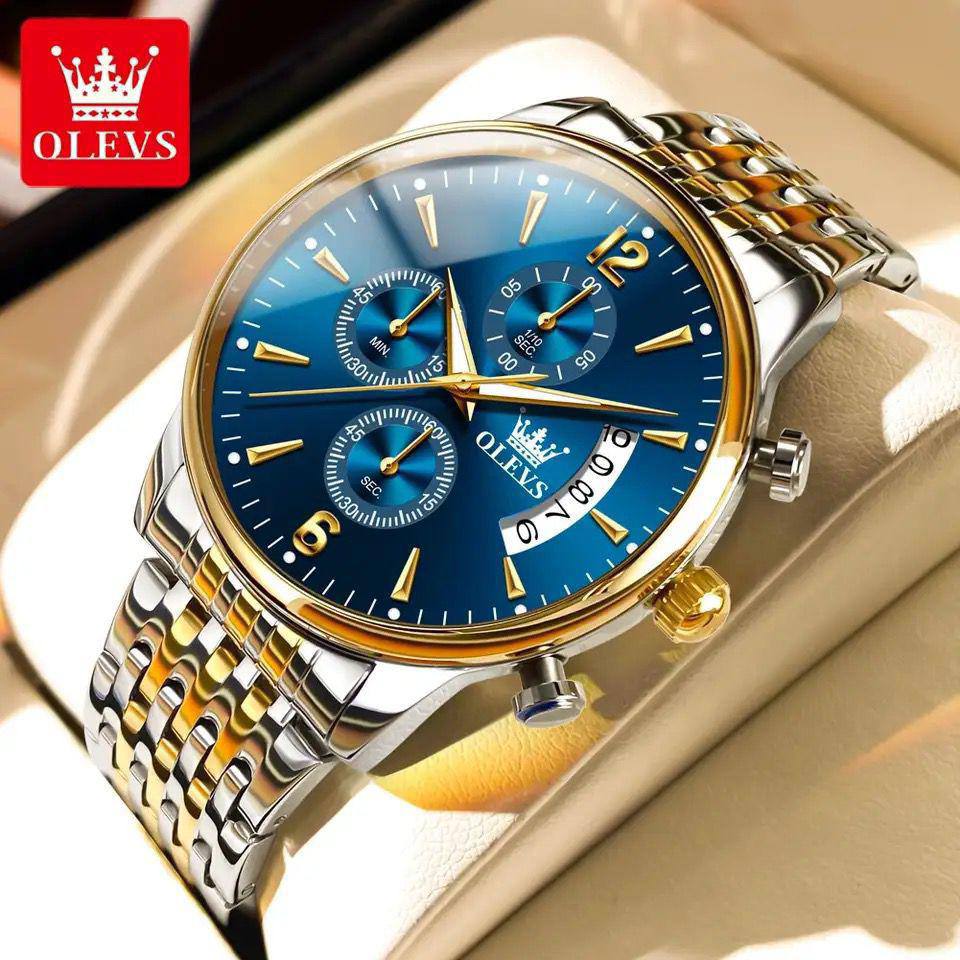 OLEVS CHRONOGRAPH MEN WATCH CHRONOGRAPH MOVEMENT DATE DISPLAY STRONG LUMINOUS FUNCTION BATTERY POWERED STAINLESS STEEL WATER RESISTANT OLEVS BRANDED BOX