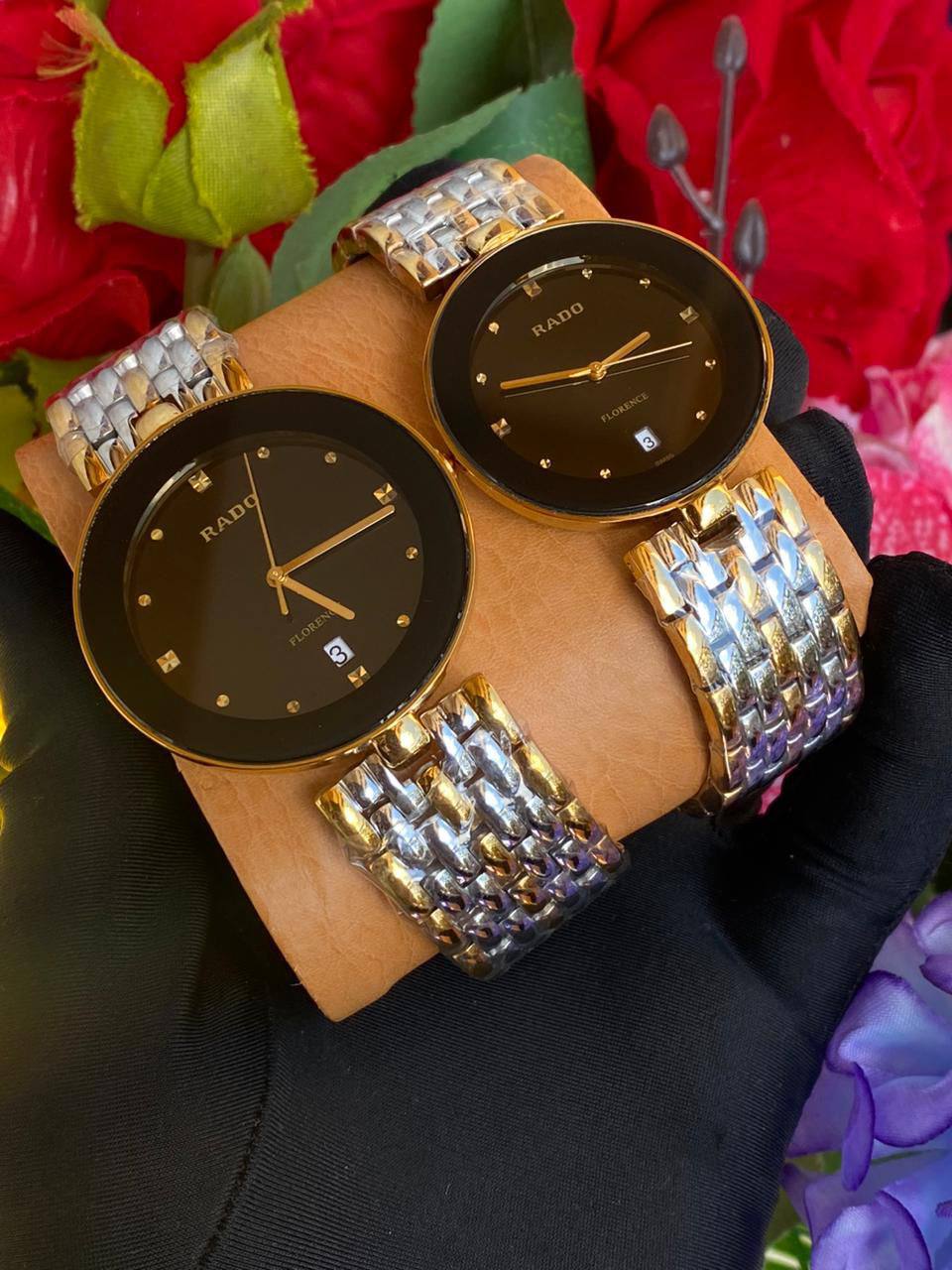 RADO FLORENCE COUPLE SET SINGLE PIECE SAPPHIRE CRYSTAL DATE DISPLAY NON FADE RANK A WATER SEALED BATTERY POWERED STAINLESS STEEL ENQUIRIES