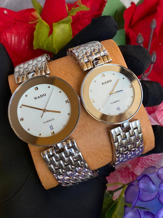 RADO FLORENCE COUPLE SET SINGLE PIECE SAPPHIRE CRYSTAL DATE DISPLAY NON FADE RANK A WATER SEALED BATTERY POWERED STAINLESS STEEL ENQUIRIES