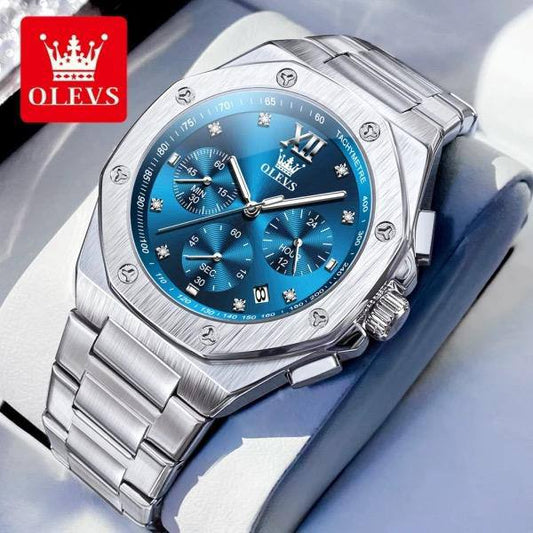 OLEVS CHRONOGRAPH MEN WATCH FULL FUNCTIONAL CHRONOGRAPH STAINLESS STEEL FINISH LUMINOUS 3 BAR WATER RESISTANT ENQUIRIES AND