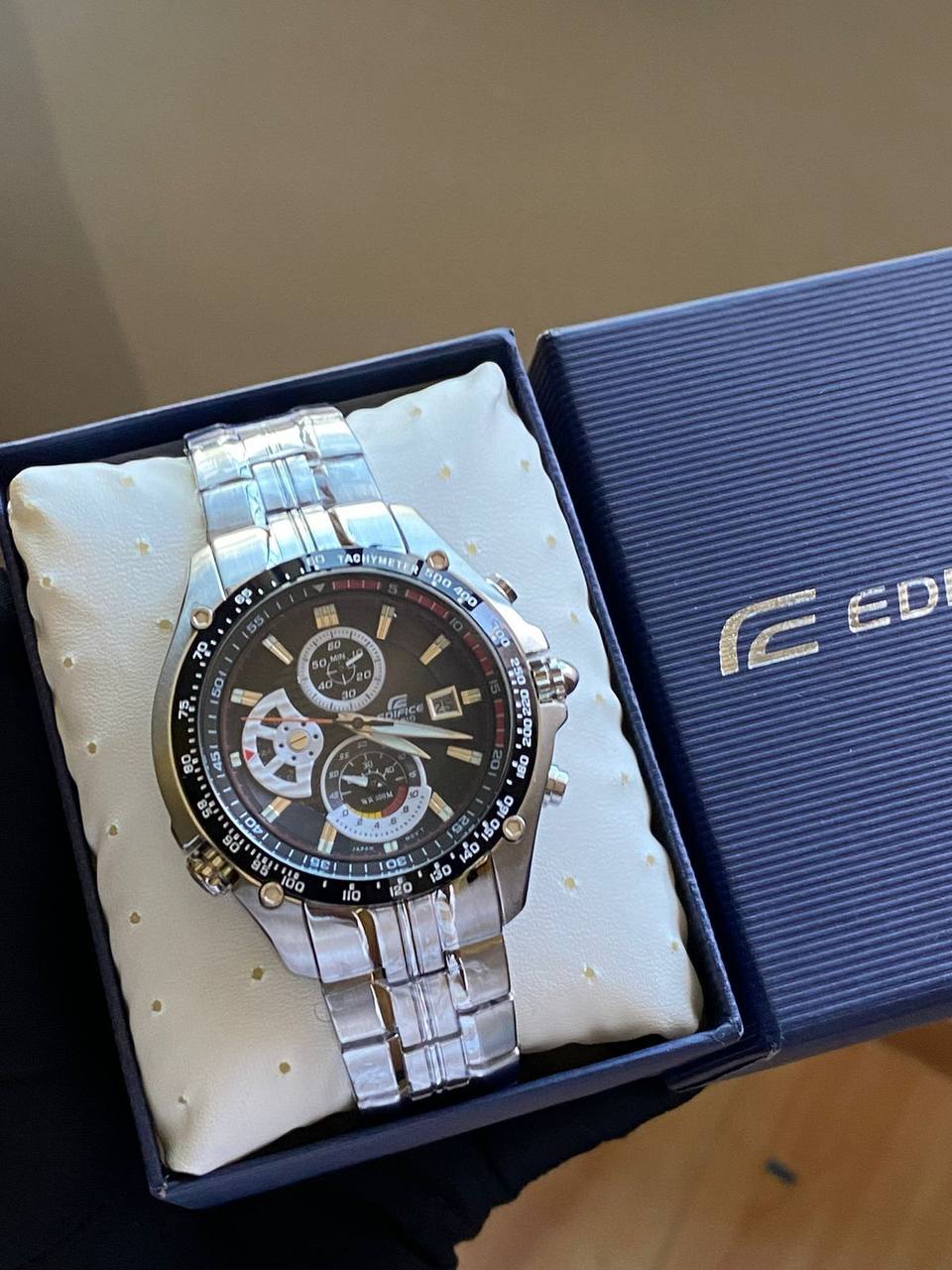 CASIO EDIFICE DAY AND DATE DISPLAY FULL CHRONOGRAPH NON FADE STOPWATCH WATERPROOF COMES CASIO EDIFICE BRANDED BOX AND MANUAL ENQUIRIES