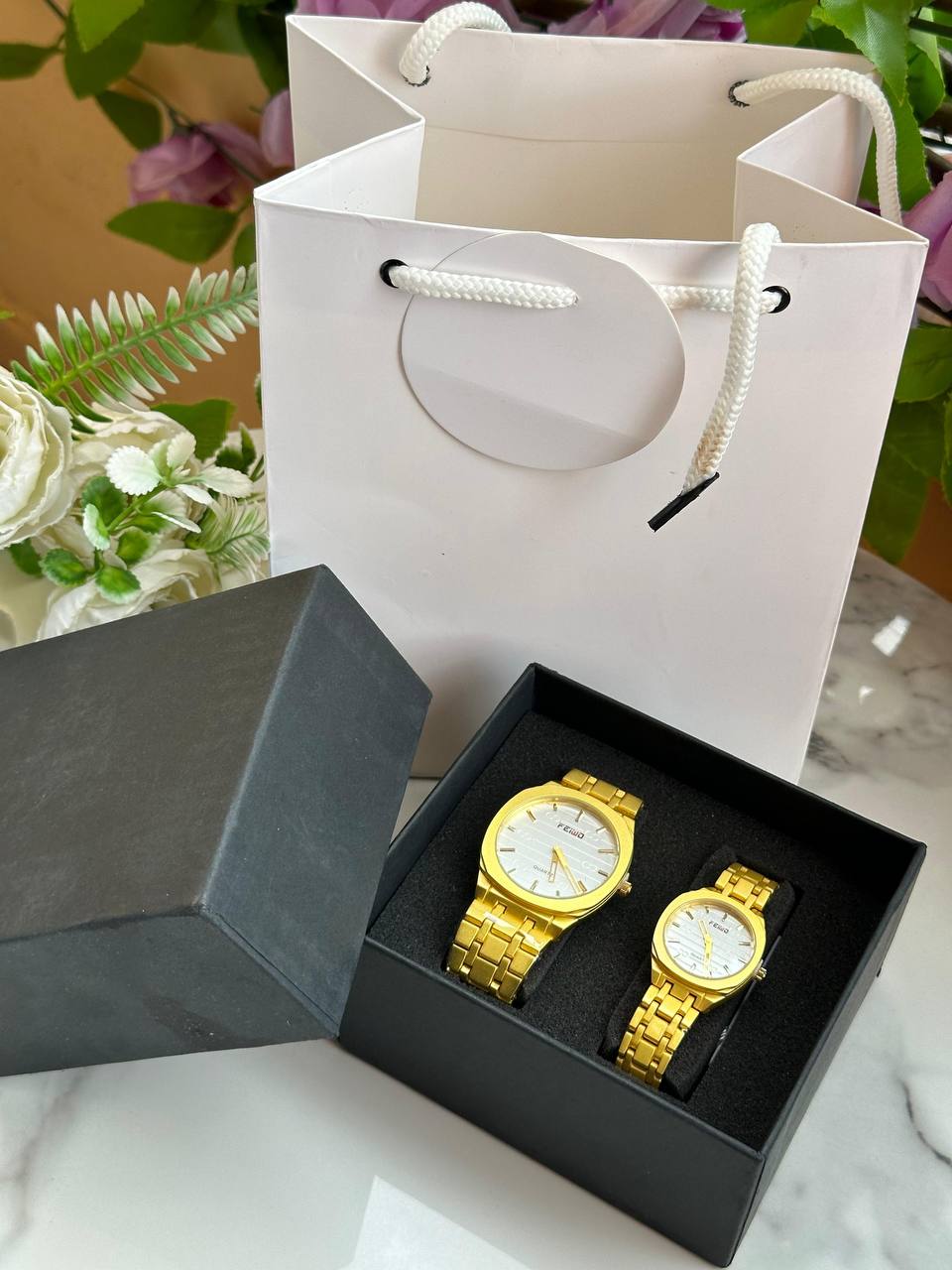 FEI WO COUPLE WATCHES A PAIR + BOX+ BAG WATER RESISTANT STAINLESS STEEL FINISH NON FADE ENQUIRIES &