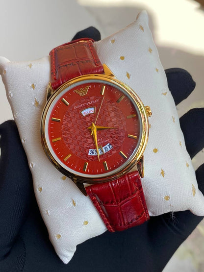 LEATHER DAY&DATE GENTS WATCH DAY&DATE DISPLAY WATER RESISTANT FINELY POLISHED LEATHER STRAP STAINLESS STEEL CASE ENQUIRIES