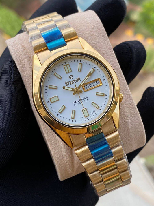 SWISH STYLISH GENTS WATCH DAY/DATE DISPLAY BATTERY POWERED STAINLESS STEEL WATER RESISTANT ENQUIRIES