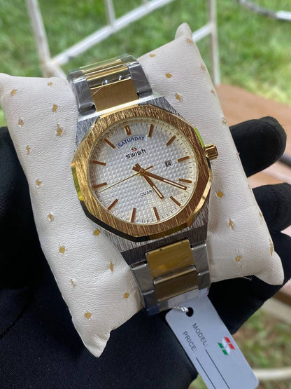 SWISH STYLISH GENTS WATCH DAY/DATE DISPLAY BATTERY POWERED STAINLESS STEEL WATER RESISTANT ENQUIRIES