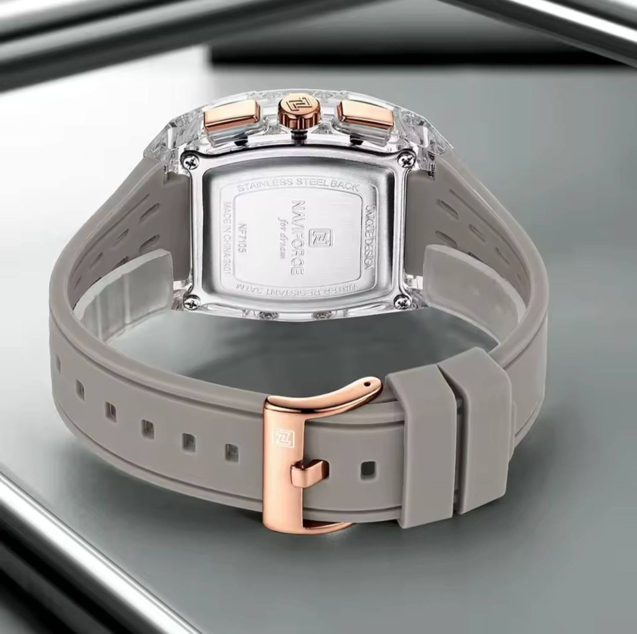 NAVIFORCE NF7105 CHRONOGRAPH TRANSPARENT DESIGN WATERPROOF SILICON STRAP DATE DISPLAY & ENQUIRIES