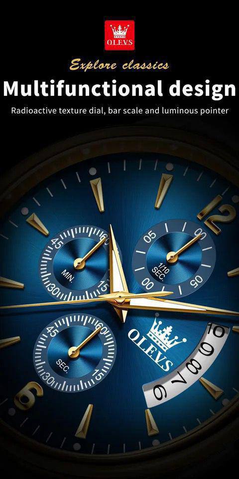 OLEVS CHRONOGRAPH MEN WATCH CHRONOGRAPH MOVEMENT DATE DISPLAY STRONG LUMINOUS FUNCTION BATTERY POWERED STAINLESS STEEL WATER RESISTANT OLEVS BRANDED BOX