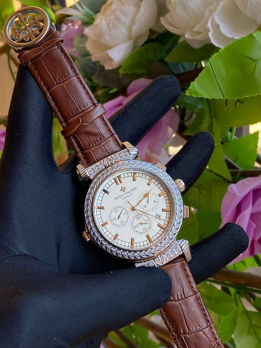 DOUBLE SIDED PATEK PHILLIPE GENTS WATCH DATE DISPLAY POLISHED LEATHER STRAP CHRONOGRAPH WATER RESISTANT BATTERY POWERED ENQUIRIES AND