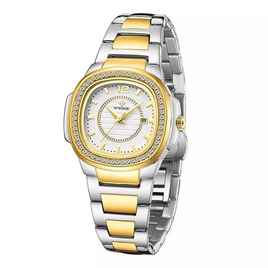 WWOOR LADIES WATCH MODEL 8877 ROSE GOLD&YELLOW GOLD DATE DISPLAY STAINLESS STEEL WATER RESISTANT PLUS BRANDED BOX