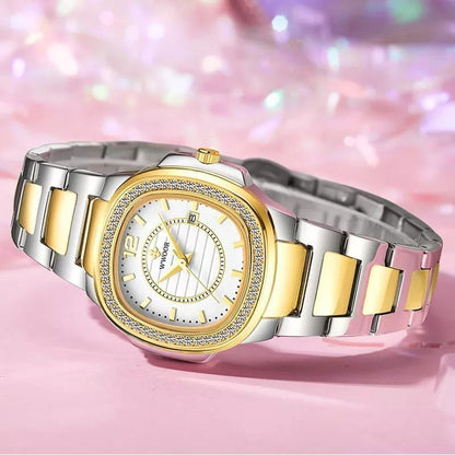 WWOOR LADIES WATCH MODEL 8877 ROSE GOLD&YELLOW GOLD DATE DISPLAY STAINLESS STEEL WATER RESISTANT PLUS BRANDED BOX