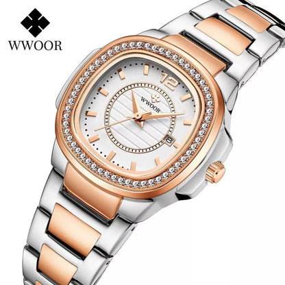 WWOOR LADIES WATCH MODEL 8877 ROSE GOLD&YELLOW GOLD DATE DISPLAY STAINLESS STEEL WATER RESISTANT PLUS BRANDED BOX