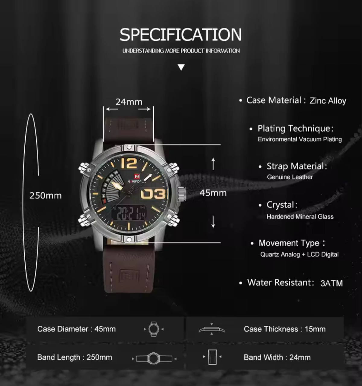 NAVIFORCE GENTS WATCH #NF 9095 ANALOGUE AND DIGITAL DISPLAY LIGHT BUTTON WATER RESISTANT BATTERY POWERED LEATHER STRAP ENQUIRIES