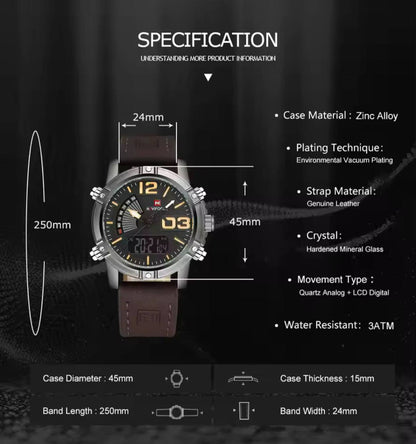 NAVIFORCE GENTS WATCH #NF 9095 ANALOGUE AND DIGITAL DISPLAY LIGHT BUTTON WATER RESISTANT BATTERY POWERED LEATHER STRAP ENQUIRIES