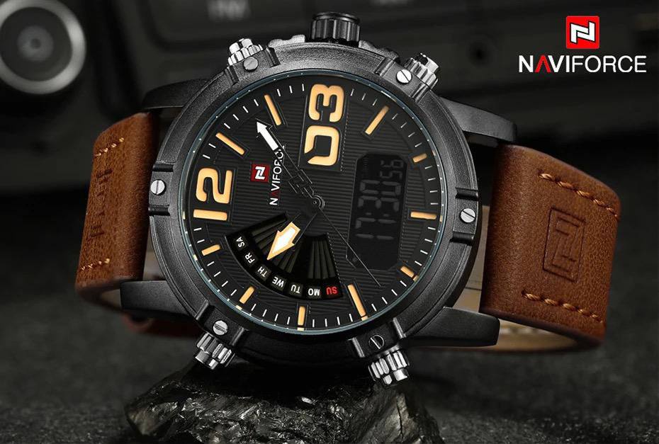 NAVIFORCE GENTS WATCH #NF 9095 ANALOGUE AND DIGITAL DISPLAY LIGHT BUTTON WATER RESISTANT BATTERY POWERED LEATHER STRAP ENQUIRIES