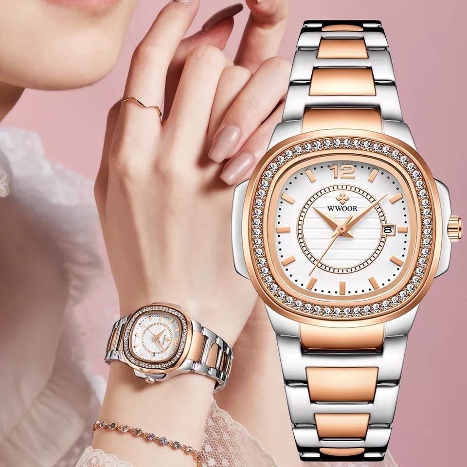 WWOOR LADIES WATCH MODEL 8877 ROSE GOLD&YELLOW GOLD DATE DISPLAY STAINLESS STEEL WATER RESISTANT PLUS BRANDED BOX