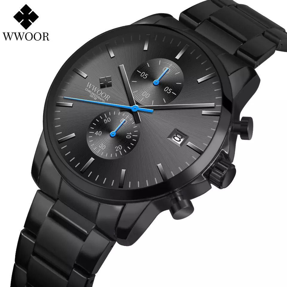 WWOOR MEN WATCH MODEL 8844 DATE DISPLAY CHRONOGRAPH STAINLESS STEEL WATER RESISTANT PLUS BRANDED BOX