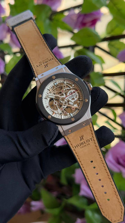 HUBLOT AUTOMATIC GENTS WATCH TOURBILLON MACHINE WATER RESISTANT LEATHER X RUBBER HUBLOT STRAP AND ENQUIRIES