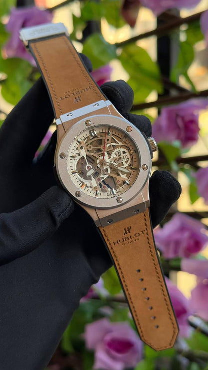 HUBLOT AUTOMATIC GENTS WATCH TOURBILLON MACHINE WATER RESISTANT LEATHER X RUBBER HUBLOT STRAP AND ENQUIRIES