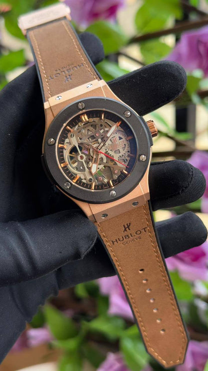 HUBLOT AUTOMATIC GENTS WATCH TOURBILLON MACHINE WATER RESISTANT LEATHER X RUBBER HUBLOT STRAP AND ENQUIRIES