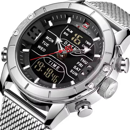 NAVIFORCE GENTS WATCH #NF 9153 ANALOGUE & DIGITAL DISPLAY LIGHT BUTTON WATER RESISTANT BATTERY POWERED AND ENQUIRIES