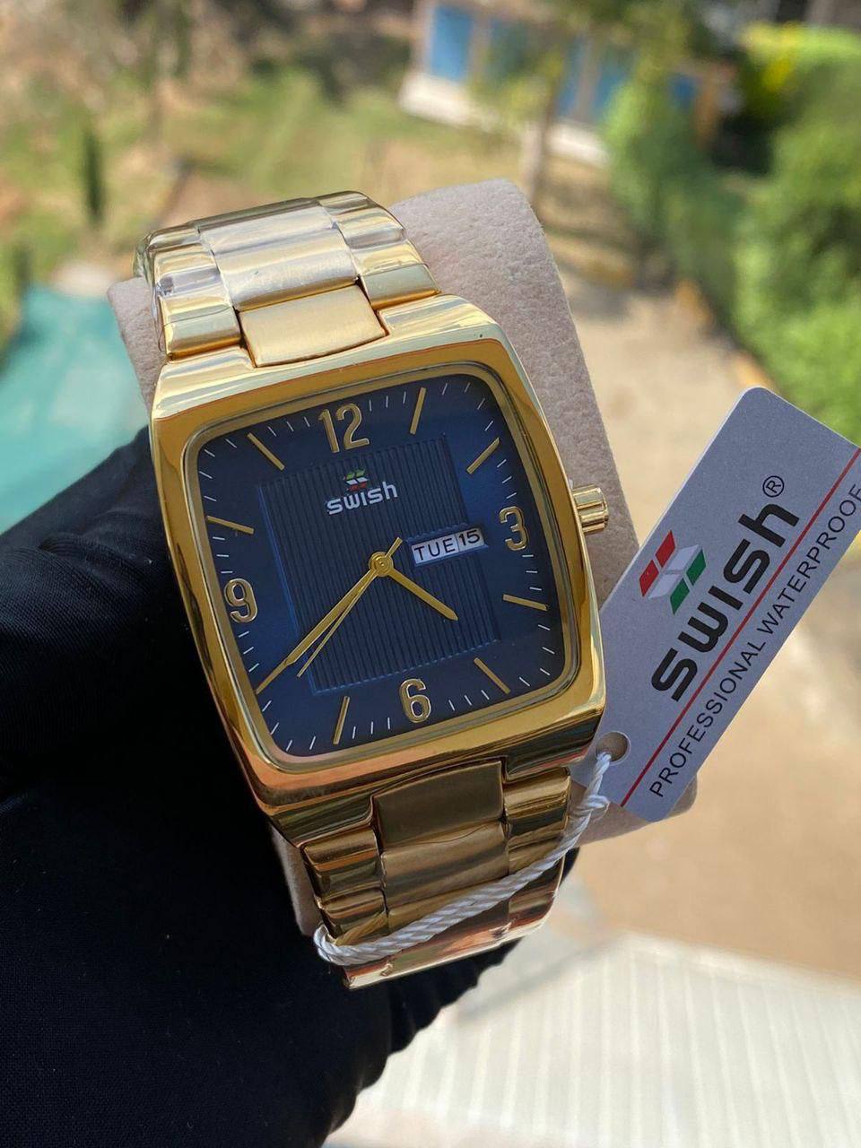 GENTS SWISH DAY AND DATE DISPLAY NON FADE STAINLESS STEEL POLISH WATERPROOF BATTERY POWERED