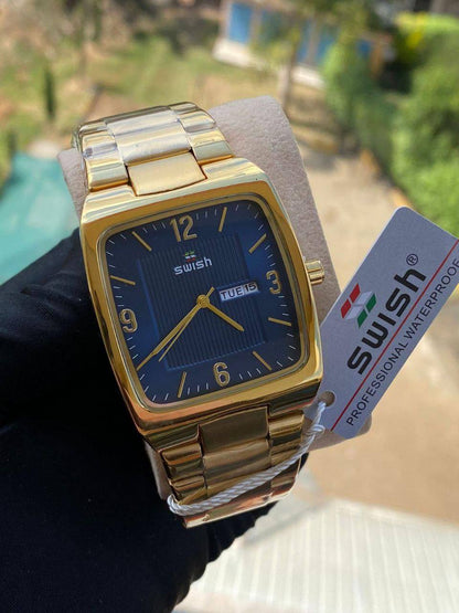 GENTS SWISH DAY AND DATE DISPLAY NON FADE STAINLESS STEEL POLISH WATERPROOF BATTERY POWERED