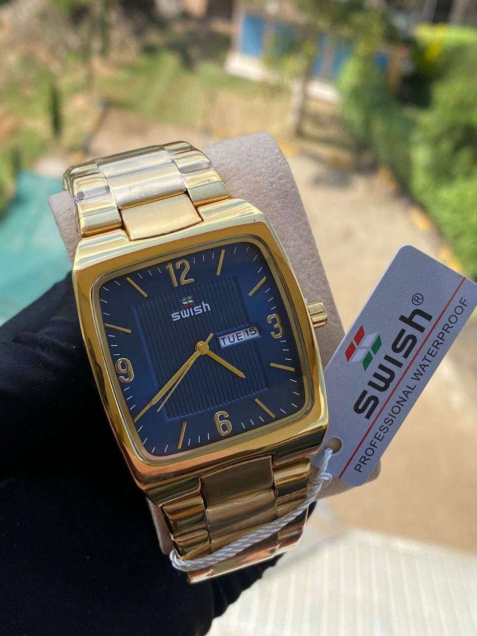 GENTS SWISH DAY AND DATE DISPLAY NON FADE STAINLESS STEEL POLISH WATERPROOF BATTERY POWERED