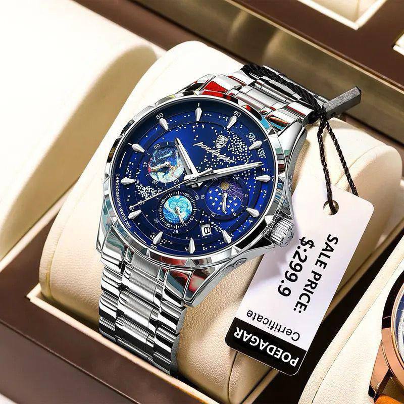 POEDAGAR MEN WATCH CHRONOGRAPH FUNCTIONAL MOONPHASE STAINLESS STEEL FINISH DATE DISPLAY SPACE DESIGN INSPIRED ORDER AND ENQUIRIES