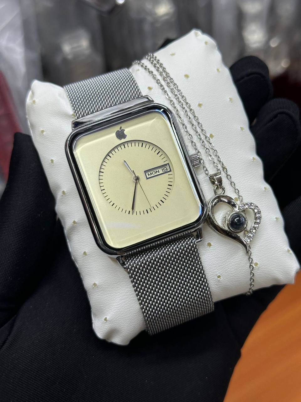 APPLE WATCH X I LOVE YOU 100 LANGUAGES NECKLACE DAY AND DATE DISPLAY APPLE WATCH WATER RESISTANT STAINLESS STEEL POLISH AND ENQUIRIES