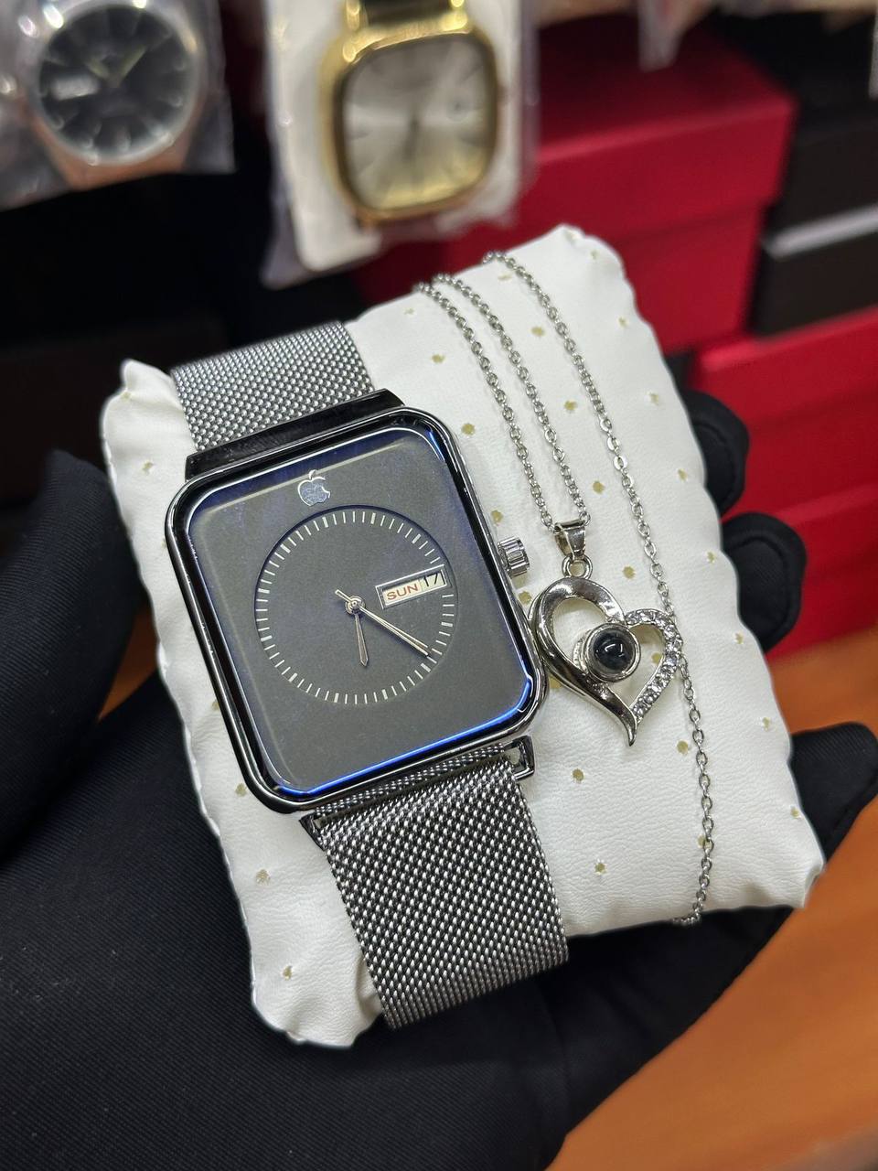 APPLE WATCH X I LOVE YOU 100 LANGUAGES NECKLACE DAY AND DATE DISPLAY APPLE WATCH WATER RESISTANT STAINLESS STEEL POLISH AND ENQUIRIES