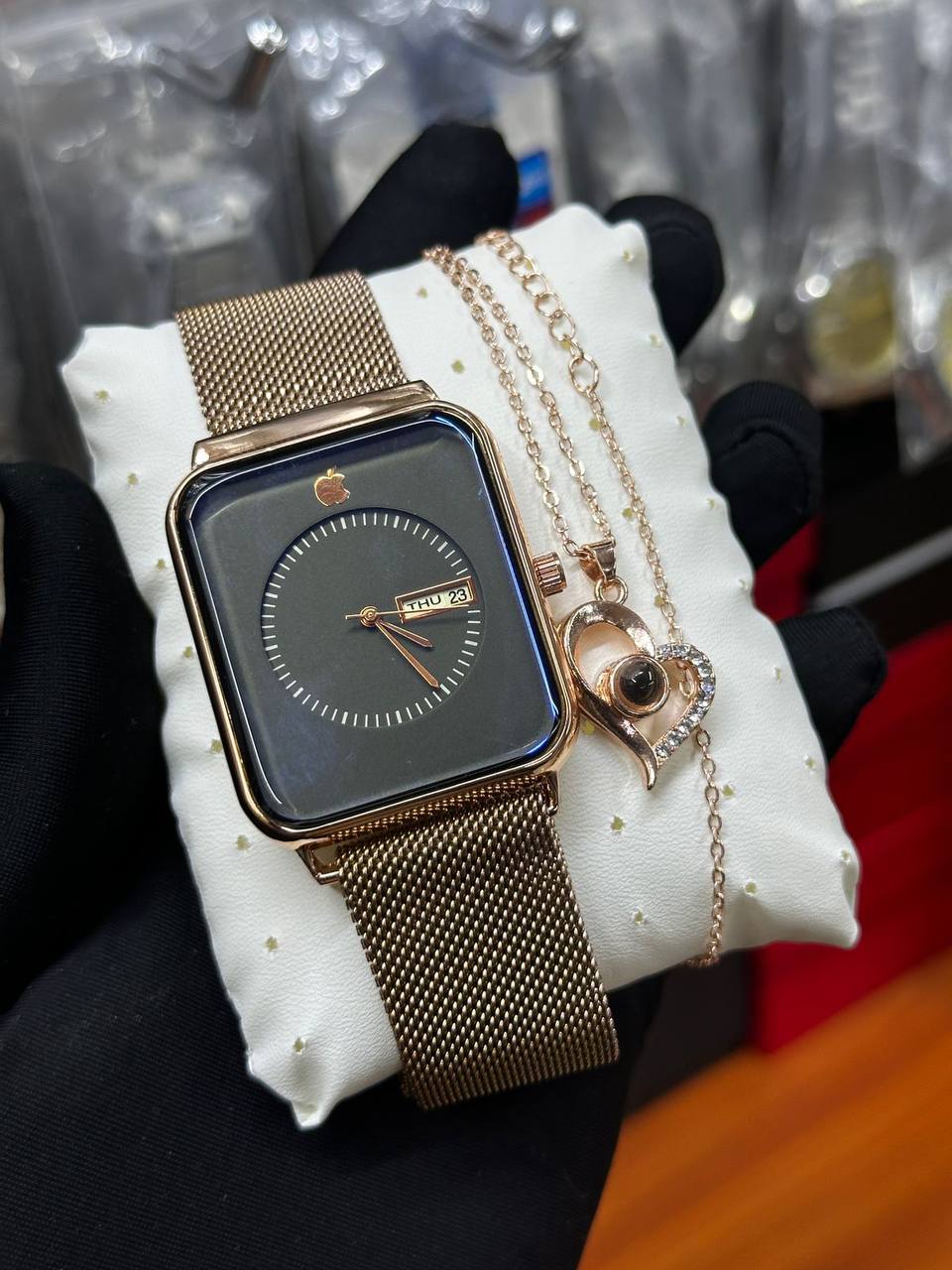 APPLE WATCH X I LOVE YOU 100 LANGUAGES NECKLACE DAY AND DATE DISPLAY APPLE WATCH WATER RESISTANT STAINLESS STEEL POLISH AND ENQUIRIES