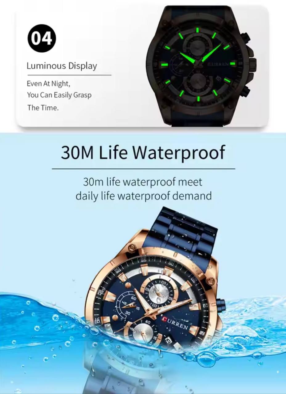 CURREN GENTS WATCH #8360 WATER RESISTANT CHRONOGRAPH MOVEMENT DATE DISPLAY BATTERY POWERED CURREN BRANDED BOX ENQUIRIES