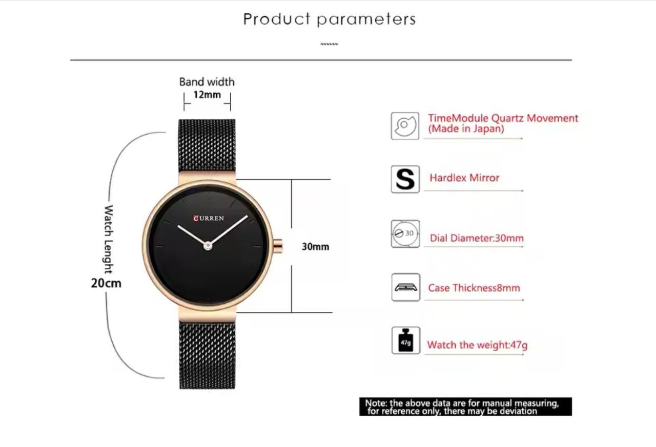 CURREN LADIES #9016 GOLD BLACKBLACK WATER RESISTANT BATTERY POWERED CURREN BRANDED BOX ENQUIRIES