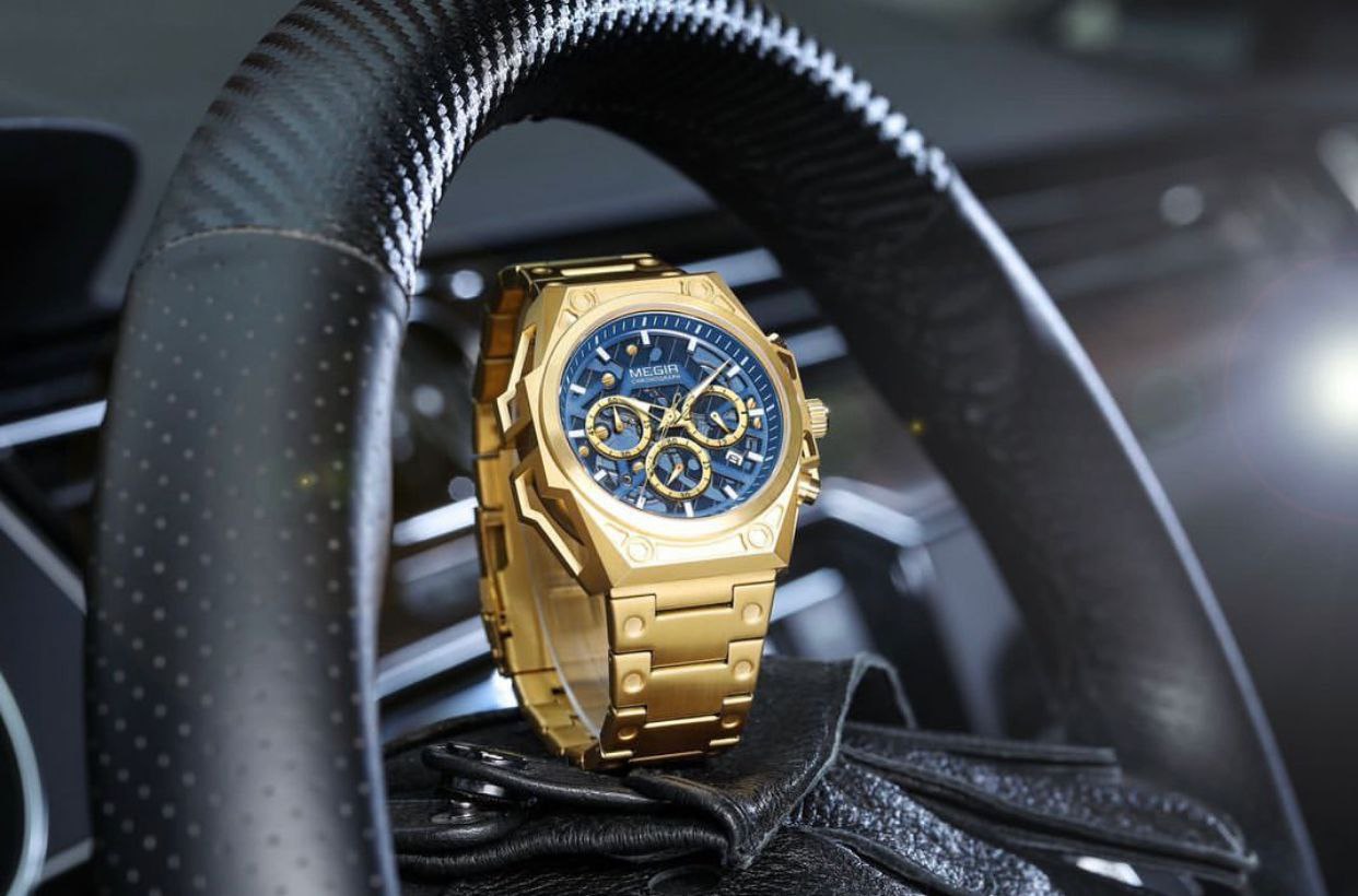 MEGIR CHRONOGRAPH GOLD SILVER COMES A MEGIR BRANDED BOX