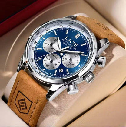 LIGE CHRONOGRAPH BLACK BLUE BATTERY POWERED CHRONOGRAPH MOVEMENT STAINLESS STEEL DATE DISPLAY MOON PHASE FUNCTION COMES A LIGE BRANDED BOX ORDER AND ENQUIRIES