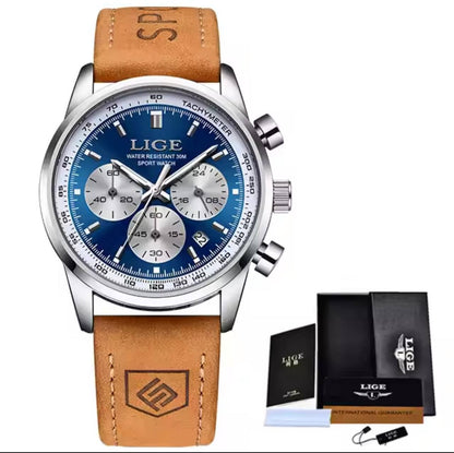 LIGE CHRONOGRAPH BLACK BLUE BATTERY POWERED CHRONOGRAPH MOVEMENT STAINLESS STEEL DATE DISPLAY MOON PHASE FUNCTION COMES A LIGE BRANDED BOX ORDER AND ENQUIRIES