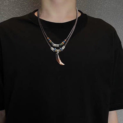 Men Bohemian Wolf Tooth Pendant Necklace Woven Vintage Handmade Cross Beads Stylish Tribal Design Tooth Rope Necklace Jewelry