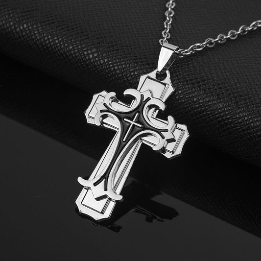 New two-layer oil drip personalized gold black cross men's titanium steel chain pendant necklace