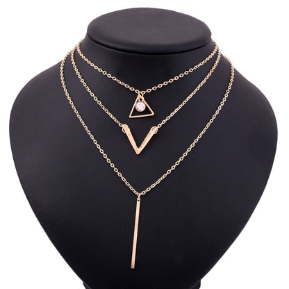 Multi-layer Metal Triangle Fashion Crystal Sequin Necklace for Women Temperament Trend Pendant Clavicle Chain