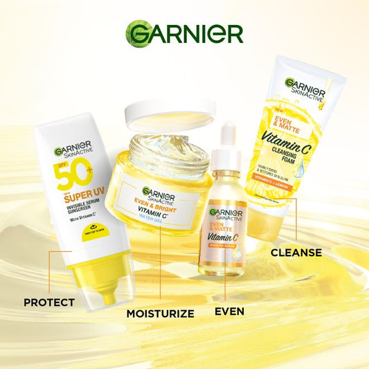 【Hot Deal】Garnier Even & Matte Even Glow Mini-Routine Kit: Super UV SPF 50 Sunscreen + Water Gel Glow Moisturizer + Day Serum 15ml + Cleanser 50ml.