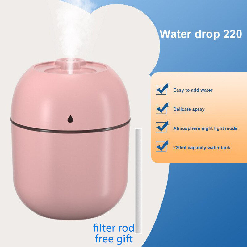 Portable Water Drop Humidifier USB Desktop Indoor Air Atomization Humidifier Household Mute Large Spray Humidifier 220ML Diffuser LED Lamp Diffuser Car Purifier LED Night Light