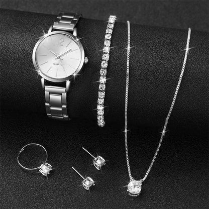 6PCS/Set Fashion Women's Quartz Watch Stainless Steel Band Wrist Watches Diamond Jewelry Set