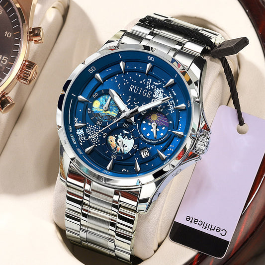 Luxury Man Watch High Quality Waterproof Chronograph Luminous Men's Wristwatch Stainless Steel Multifunctional Clock Moon Phase Starry Disk