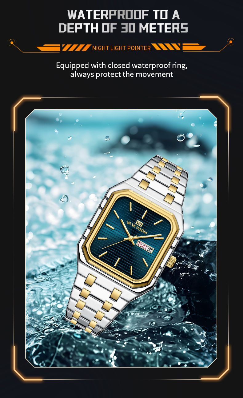 New Business Casual Men's Watch Waterproof Simple Fashion Luminous Square Gradient Gold Steel Belt Men's Brand Watch