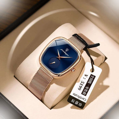 POEDEGER Design Women’s Luxury Blue Dial Rose-Gold Mesh Watch – Minimalist Square Case, Quartz Movement, Stainless-Steel Milanese Strap, Small Seconds Sub-Dial, Gift Box, Elegant Dress Wristwatch