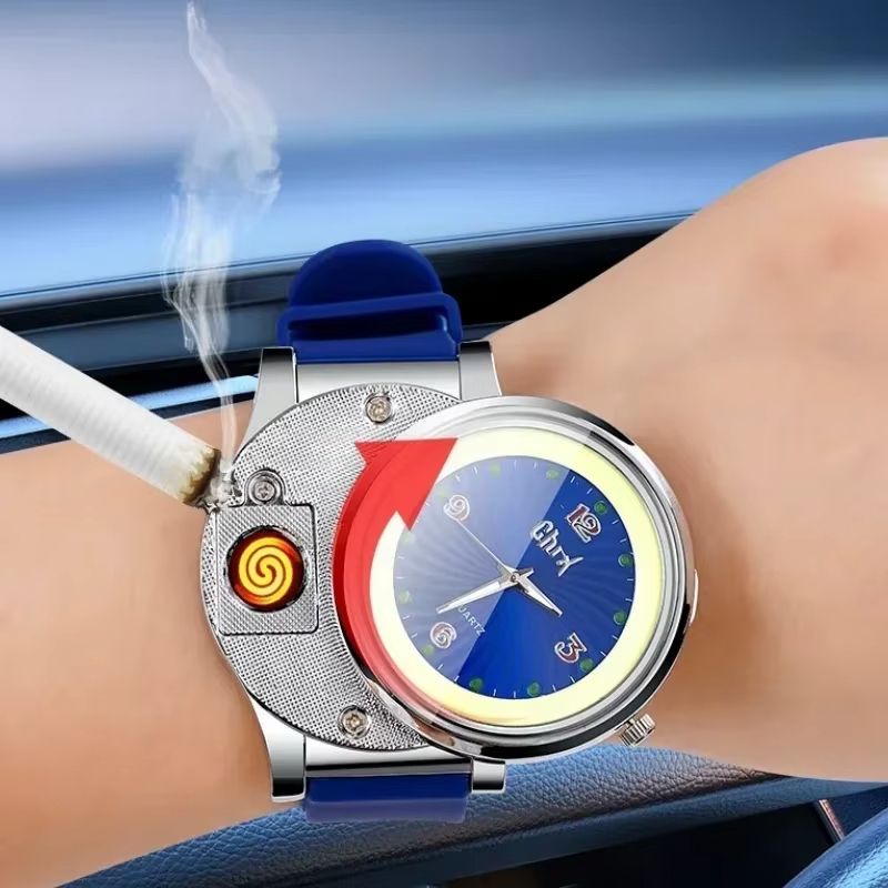 2 in 1 Men's Watch Windproof Cigarette Lighter Luminous Quartz Watch Tungsten Lighter USB Charging Boys Sports Watch Cigarette Lighter Gift